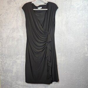 Jones Studio Draped Ruffle Midi Dress Womens Size 14 Black Party fitted cocktail